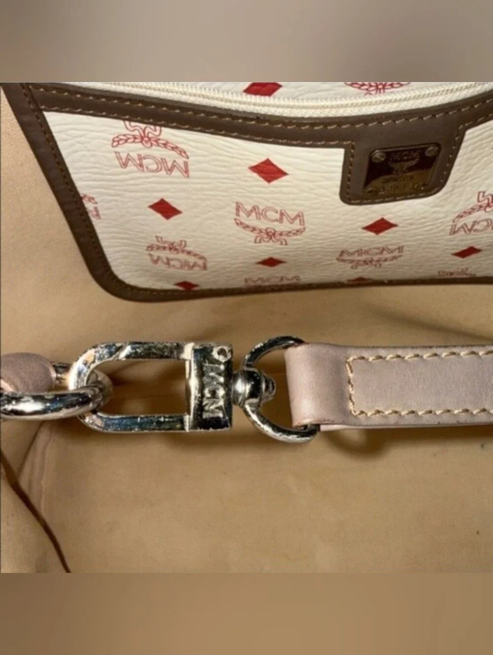 MCM White Pink Logo Canvas Tote with Multicolor Accent Stripes
